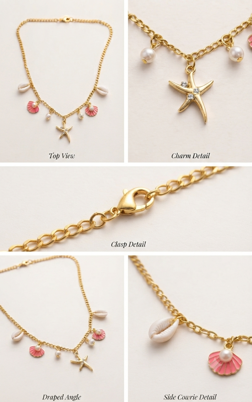 Gold Starfish &amp; Seashell Pearl Charm Necklace