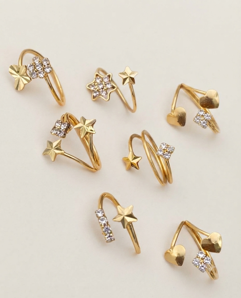 Gold Plated 6 Piece White Crystal Drop Heart Multi Designs Ring Set For Women