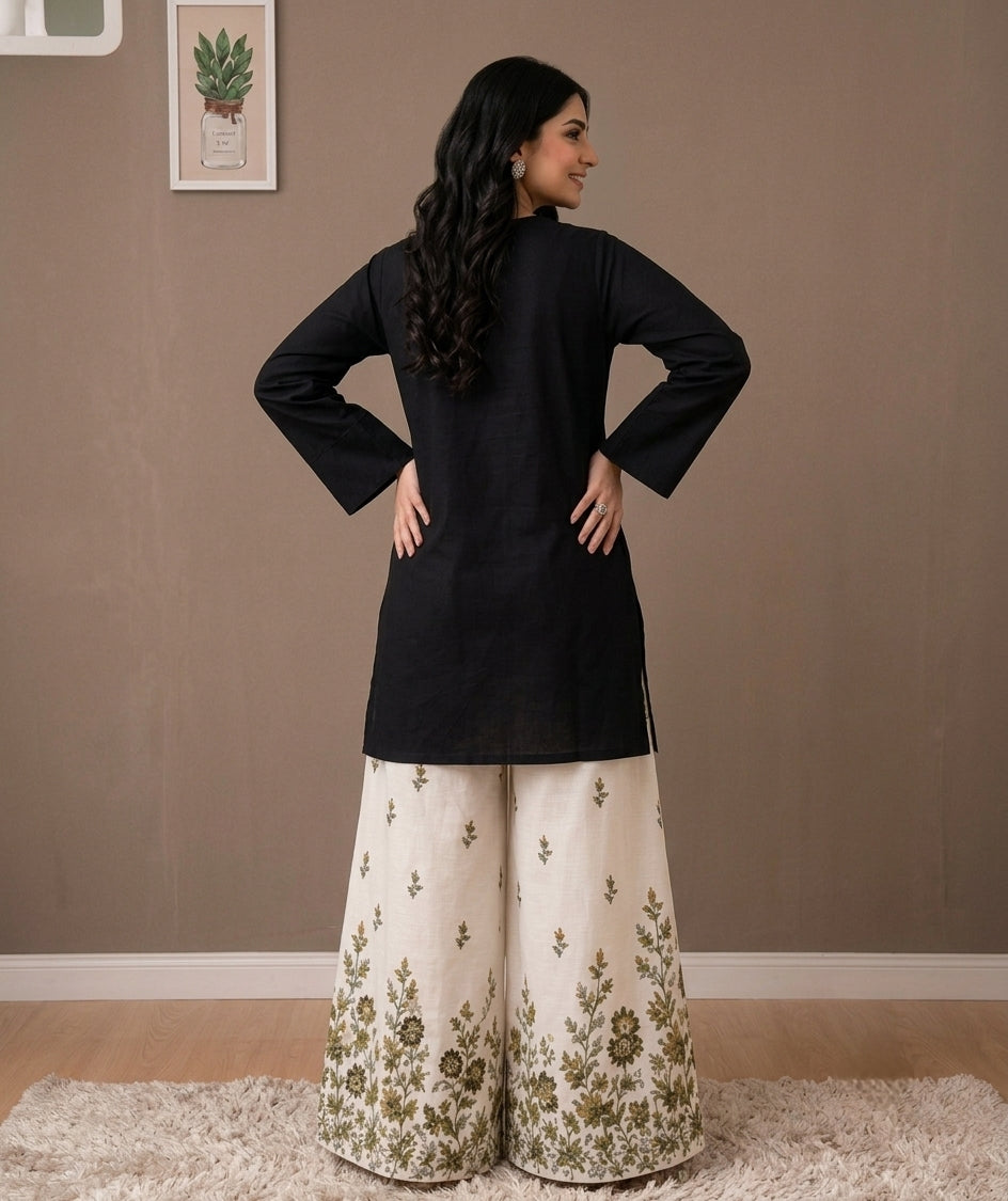 Women Black Kurti with Printed Palazzo Set