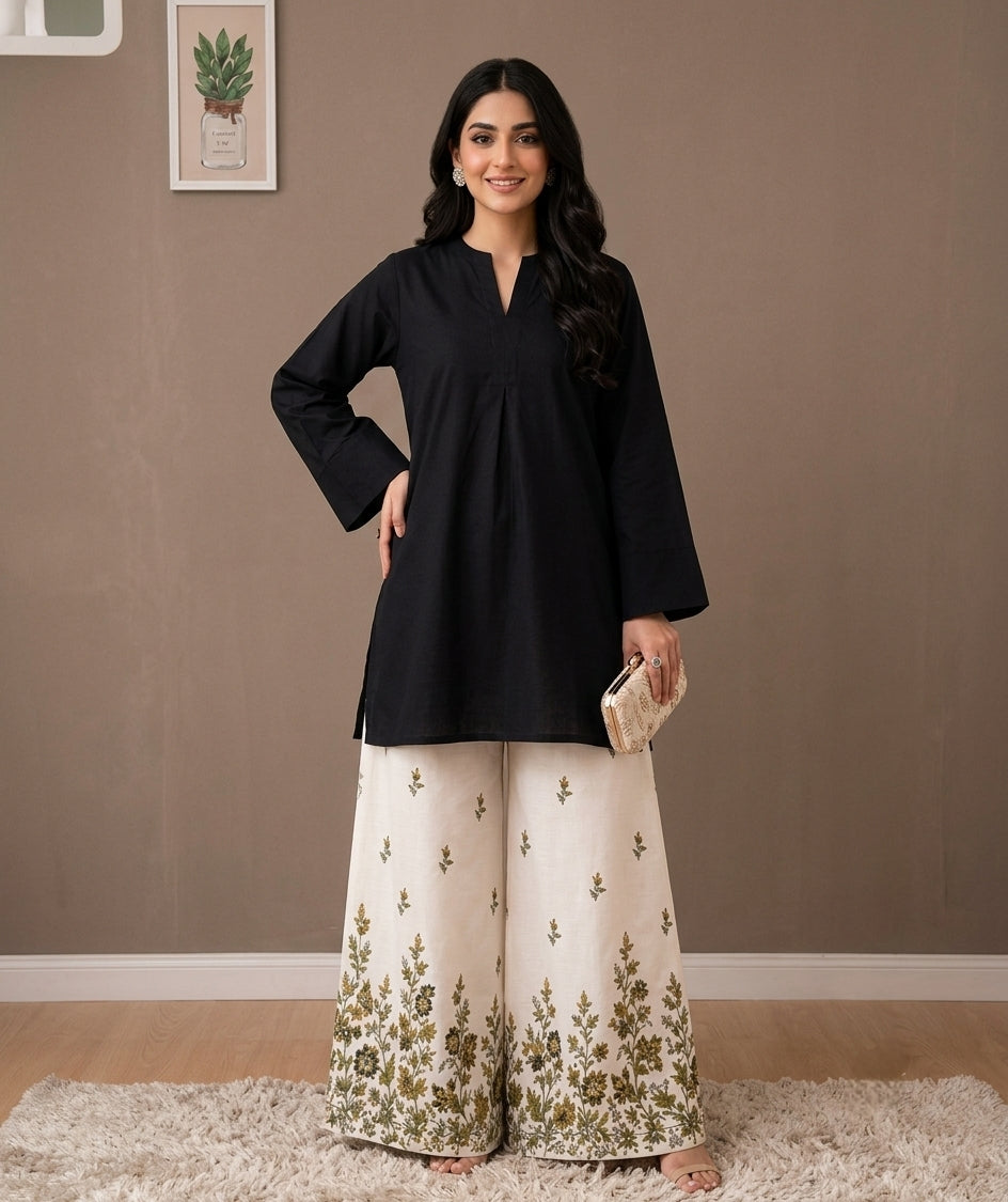 Women Black Kurti with Printed Palazzo Set