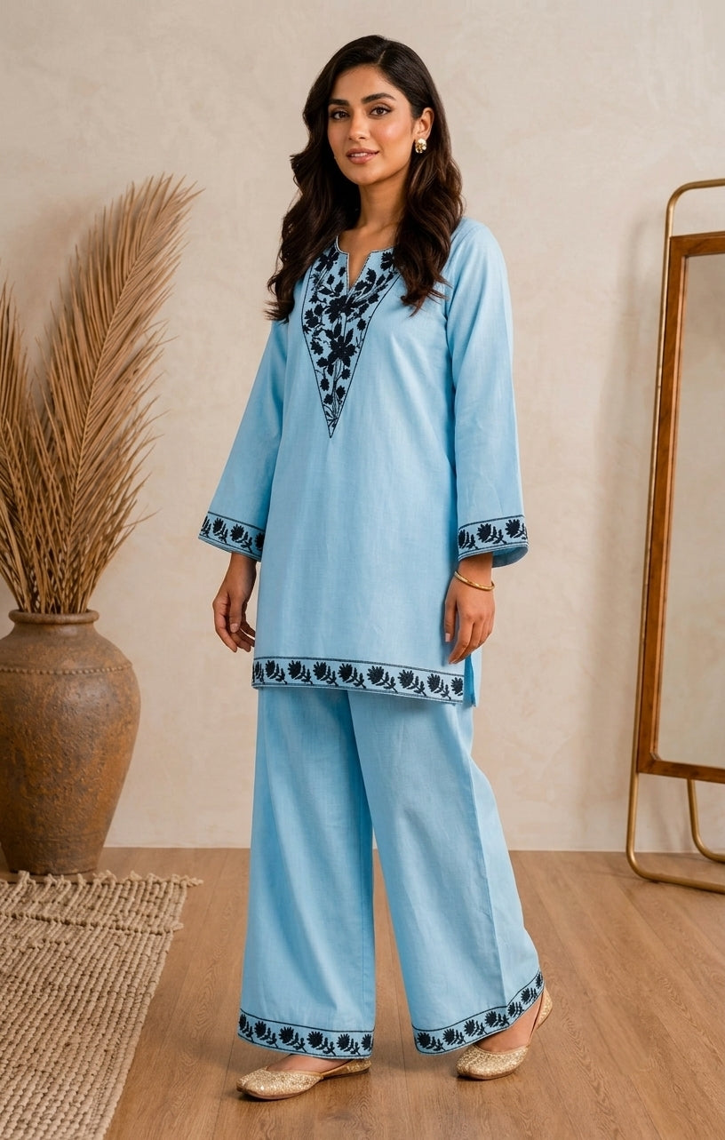 Blue Embroidered Women’s Kurta Palazzo Set with Black Floral Motif Detailing, Wide-Leg Traditional Ethnic Wear