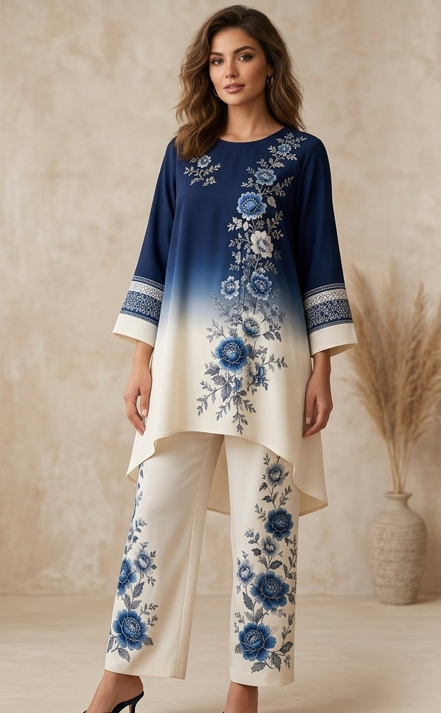 Women's Blue Ombre Floral Printed Kurti with Palazzo Set