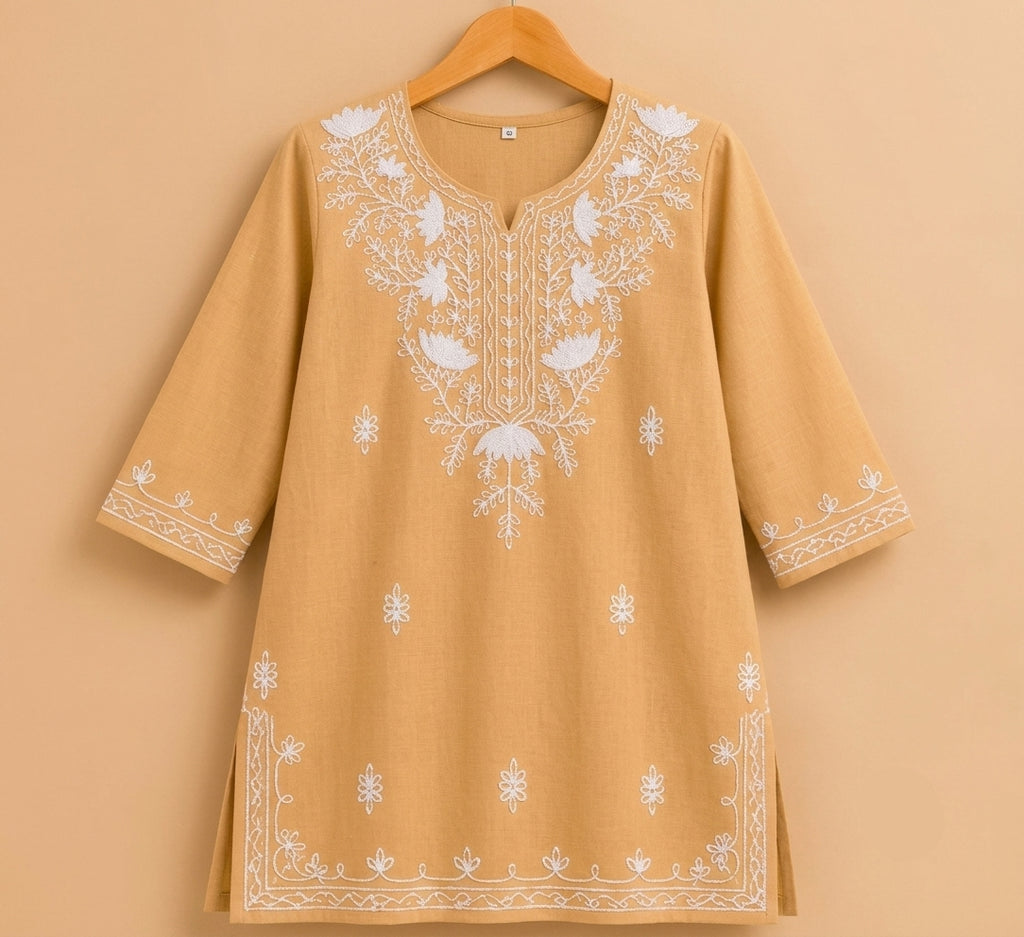 Women’s Beige Embroidered Short Kurti with White Palazzo Set | Floral Embroidery | 3/4 Sleeve Ethnic Wear Co-Ord Set