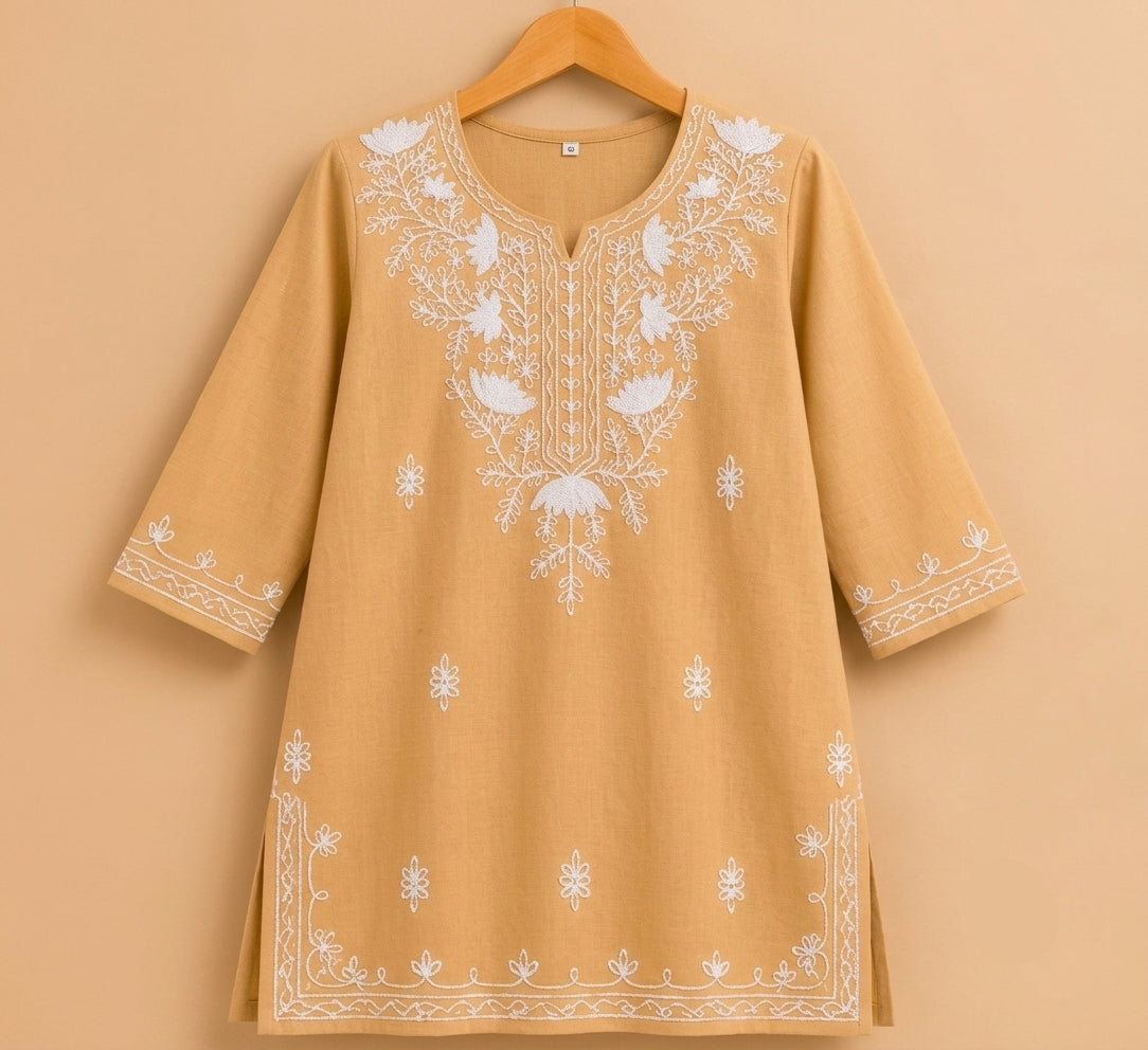 Women’s Beige Embroidered Short Kurti with White Palazzo Set | Floral Embroidery | 3/4 Sleeve Ethnic Wear Co-Ord Set