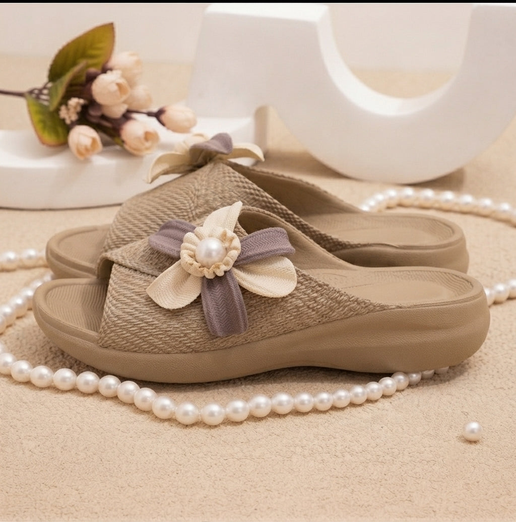 Women Floral Cross Strap Comfort Sliders | Stylish Flower Design Slip-On Slippers for Daily Wear | Beige,Women Slippers, Floral Sliders, Brown Slippers, Casual Sliders, Comfort Footwear, Daily Wear Slippers