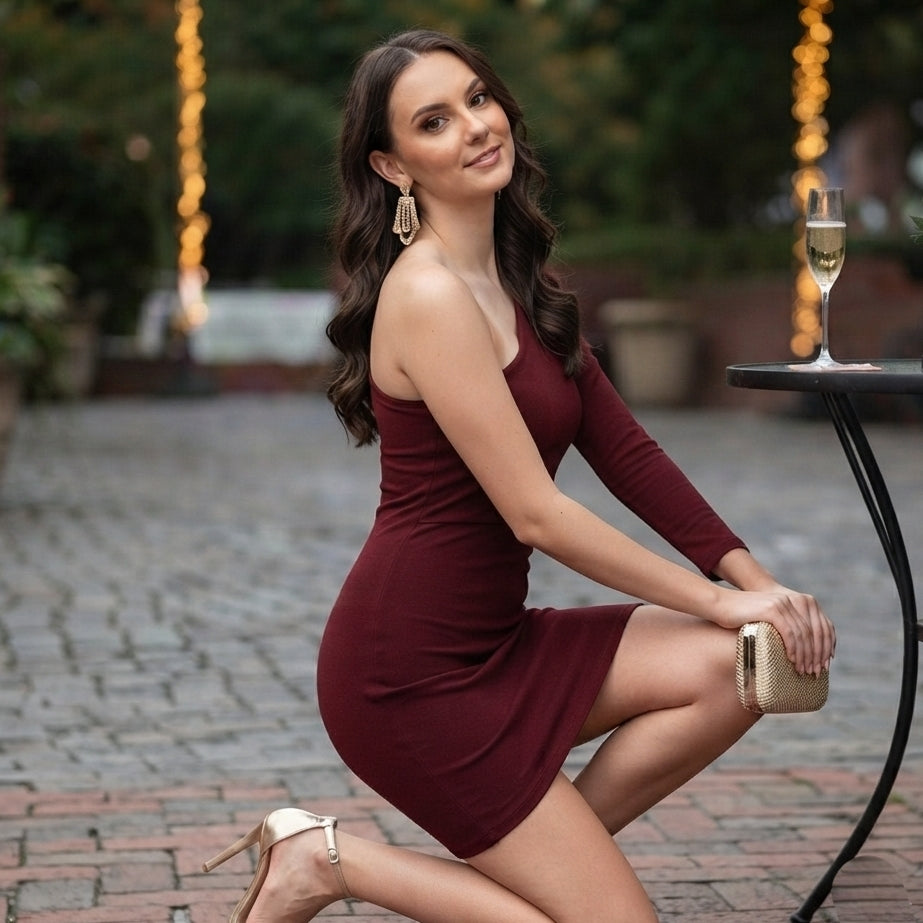 Maroon One Shoulder Bodycon Party Wear Polyester Dress for Women — Stylish Slim Fit Evening Outfit, Trendy Designer Look, Comfortable Stretch Fabric, Perfect for Events & Celebrations | Premium Party Dress | Size XL | Elegant & Fashion-Forward Style