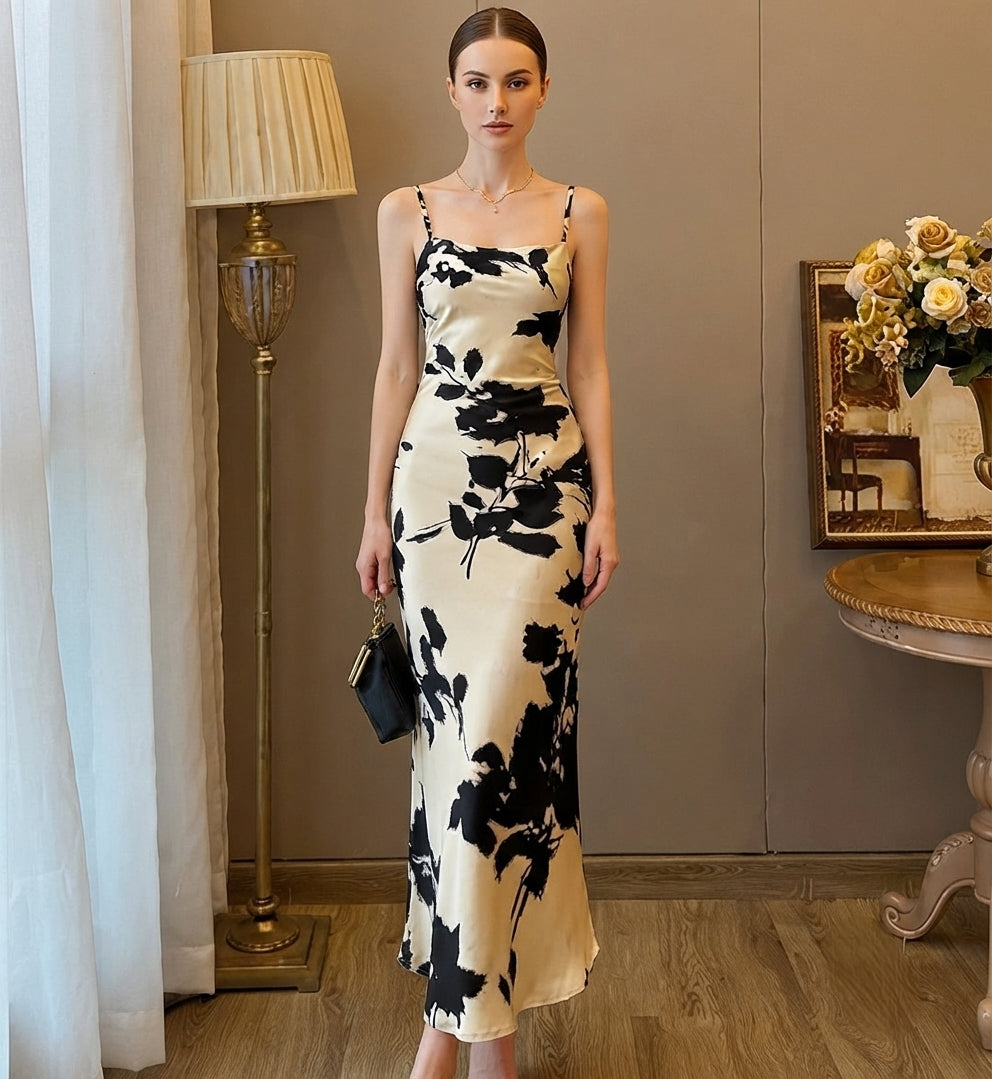 Trendy Women's Black Floral Bodycon Western Dress | Spaghetti Strap Slim Fit Midi Dress | Elegant Summer Party Dress for Women
