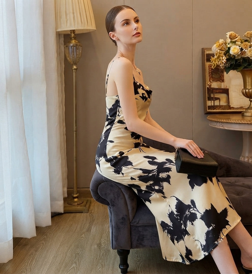 Trendy Women's Black Floral Bodycon Western Dress | Spaghetti Strap Slim Fit Midi Dress | Elegant Summer Party Dress for Women