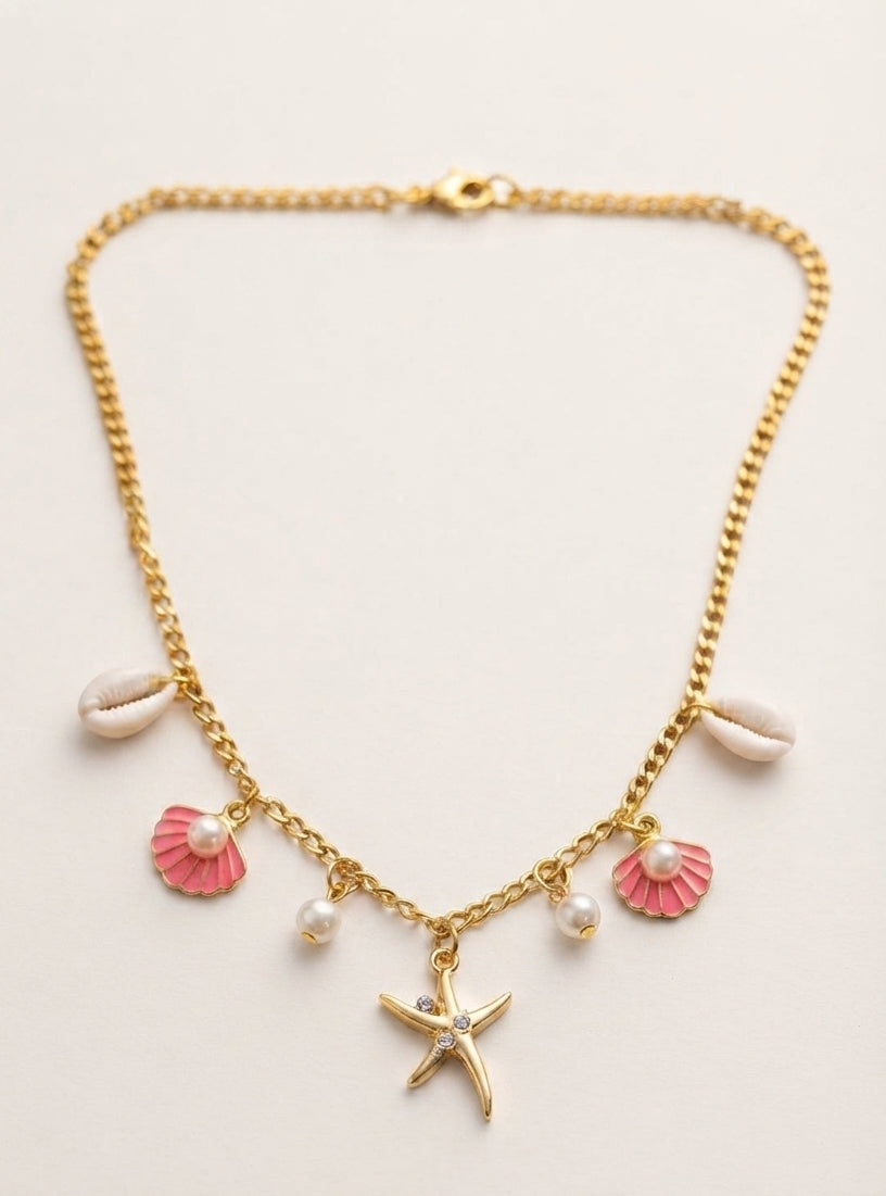 Gold Starfish &amp; Seashell Pearl Charm Necklace