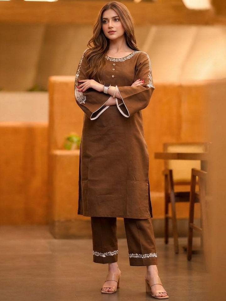 Exclusive Brown Rayon Embroidered Kurta with Bell Sleeves Pant