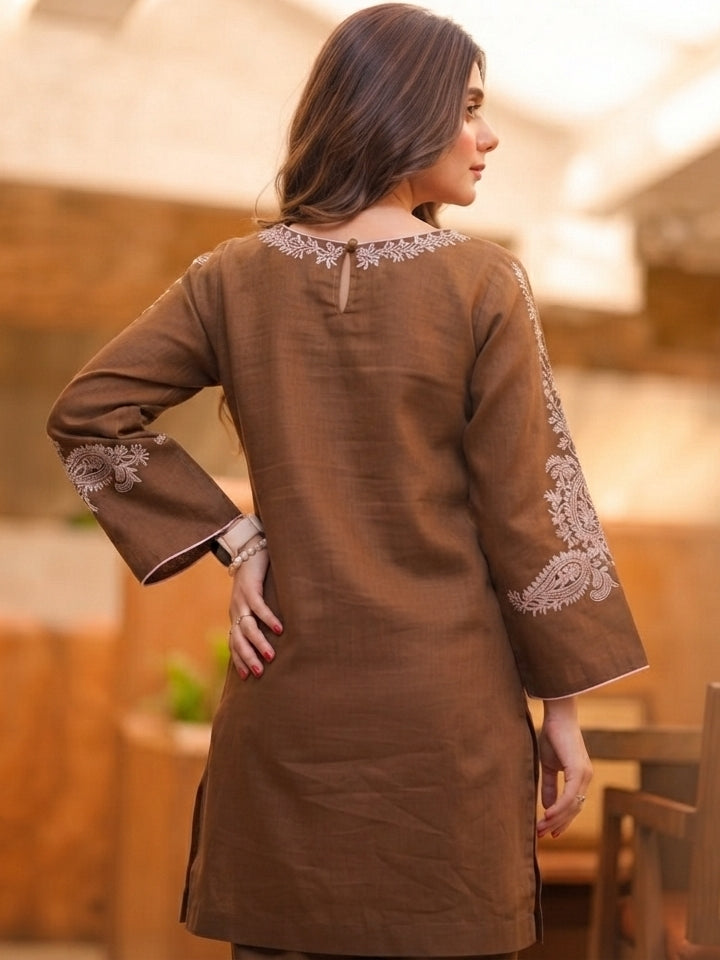 Exclusive Brown Rayon Embroidered Kurta with Bell Sleeves Pant