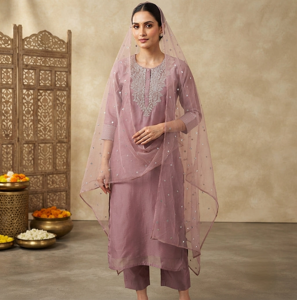 Women Mauve Zari Yoke Design Chanderi Silk Kurta with Trousers Dupatta