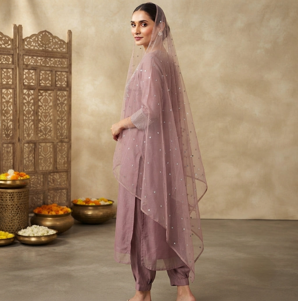 Women Mauve Zari Yoke Design Chanderi Silk Kurta with Trousers Dupatta