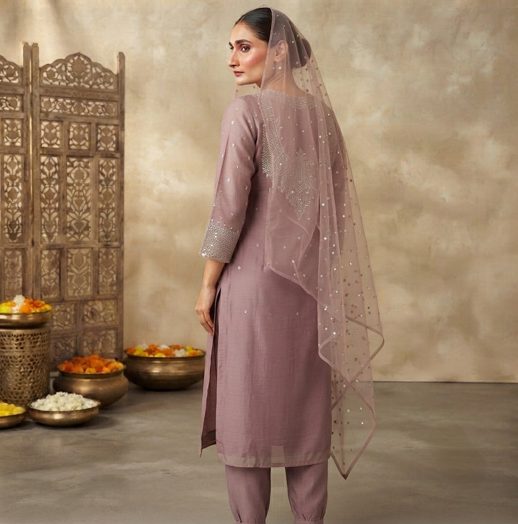 Women Mauve Zari Yoke Design Chanderi Silk Kurta with Trousers Dupatta