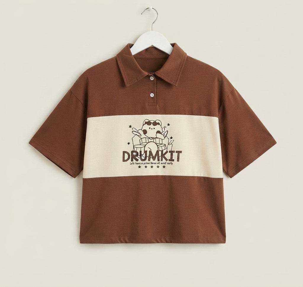 Women's Coffee Brown Contrast Collar Knitted Polo T-Shirt
