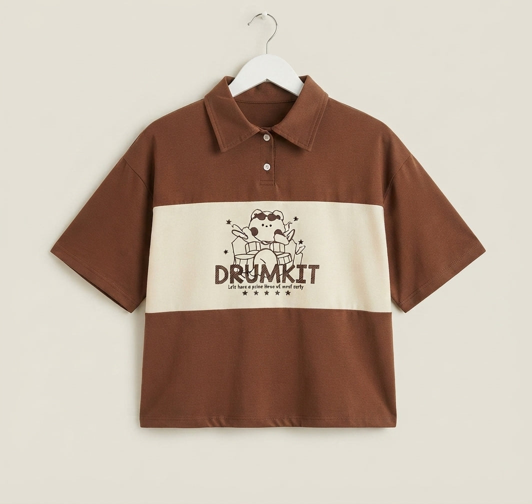Women's Coffee Brown Contrast Collar Knitted Polo T-Shirt
