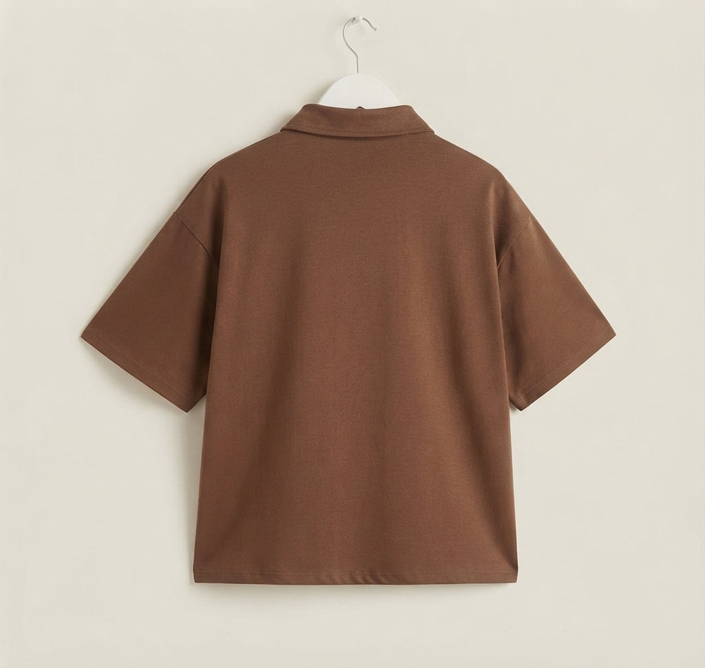 Women's Coffee Brown Contrast Collar Knitted Polo T-Shirt