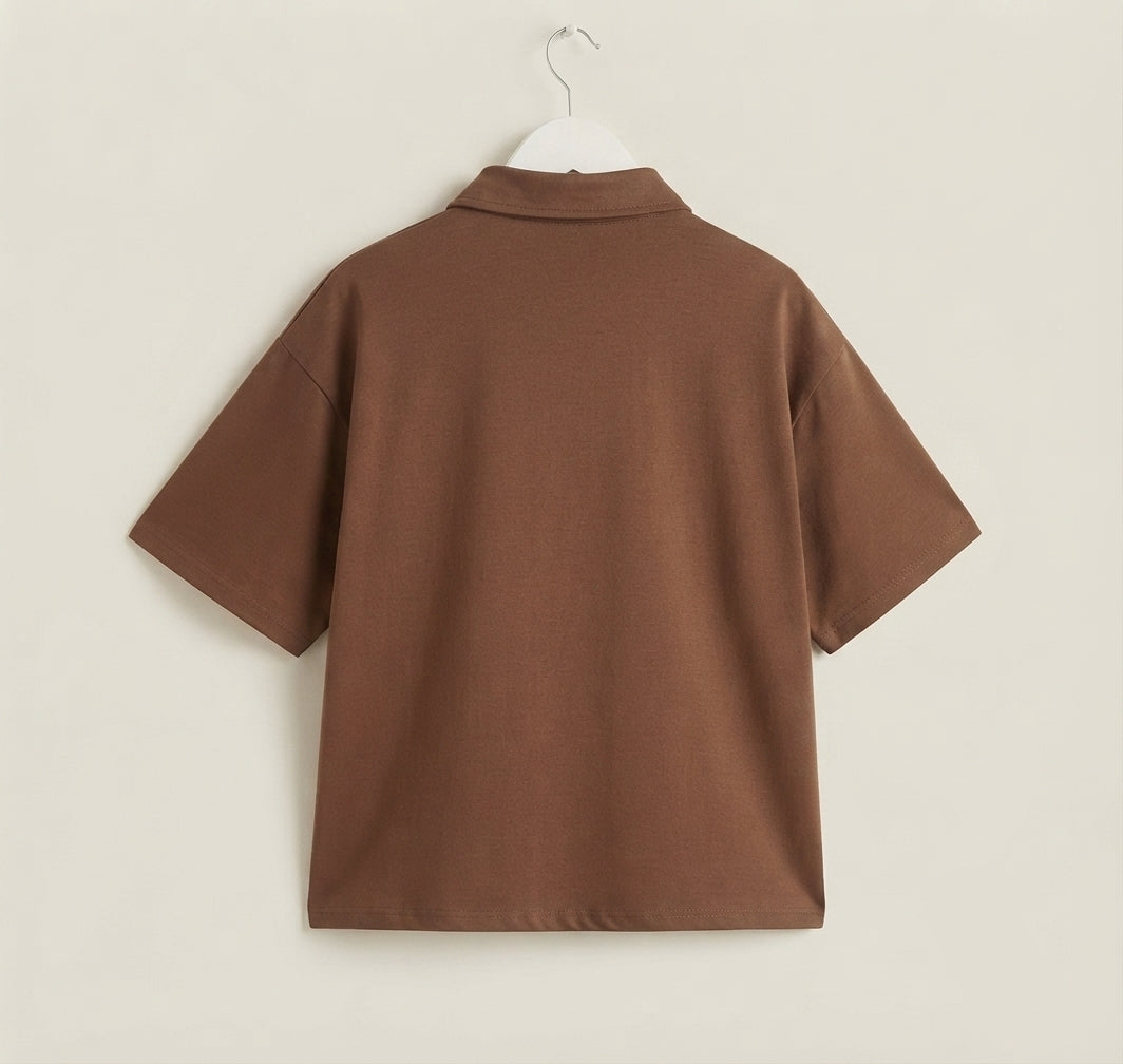 Women's Coffee Brown Contrast Collar Knitted Polo T-Shirt