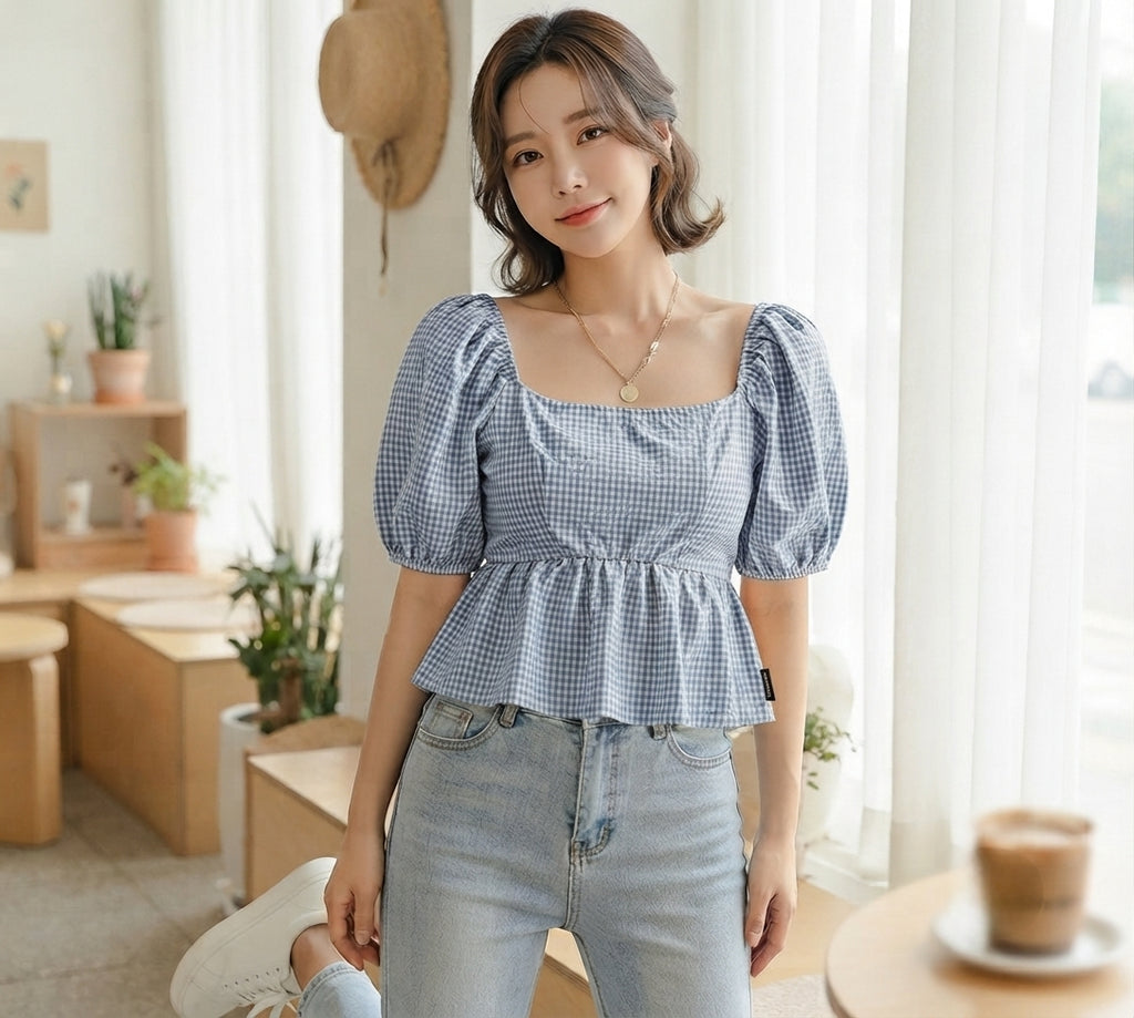 CASUAL GINGHAM COTTON WESTERN STYLISH WOMENS TOP FOR HER