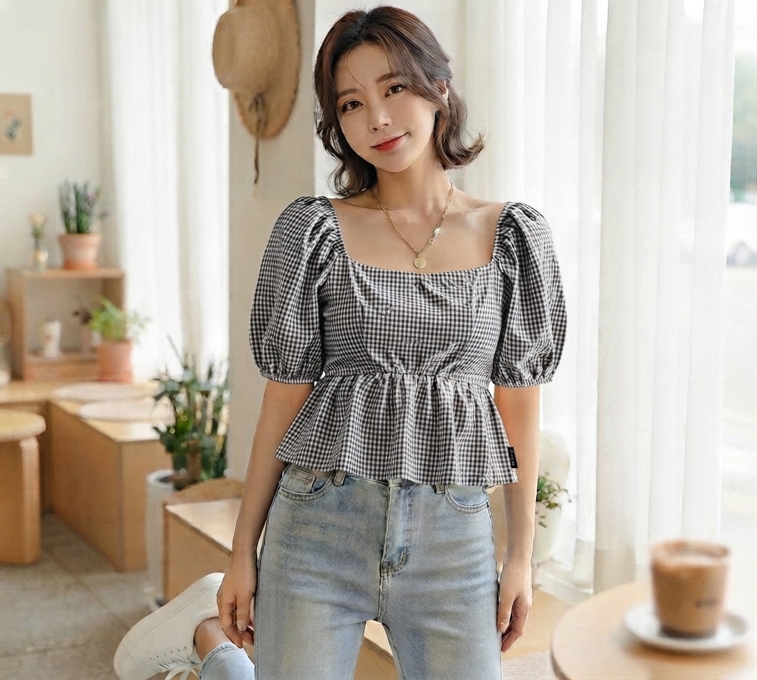 CASUAL GINGHAM COTTON WESTERN STYLISH WOMENS TOP FOR HER