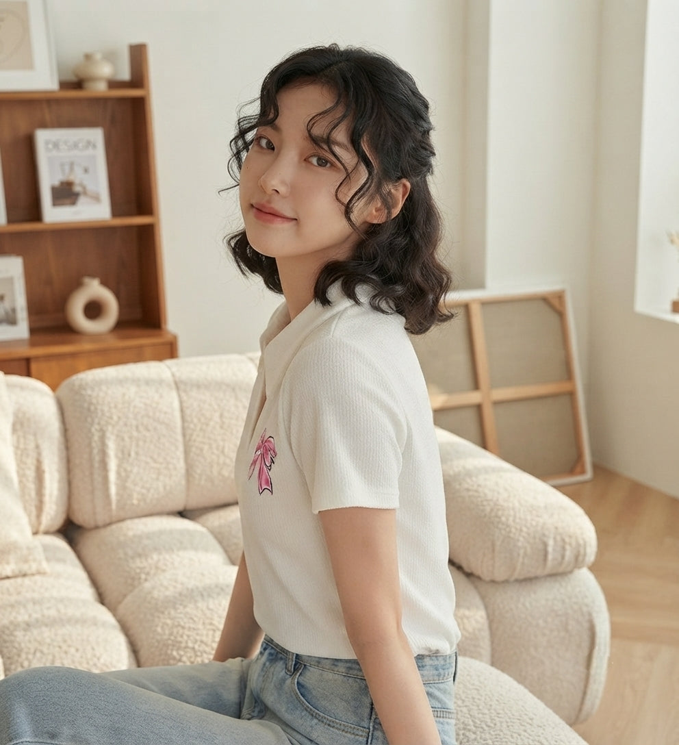 Half Sleeves Sticker Printed Collar Top And Tunics
